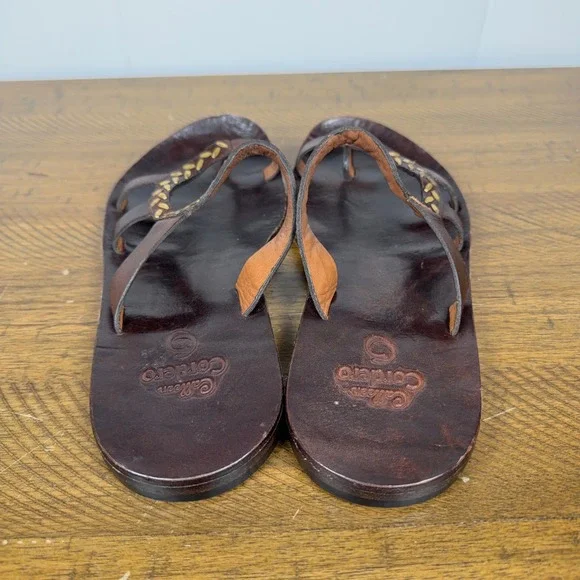 Calleen Cordero Sandals Womens 8 Brown Leather Gold Leaf Embroidered Boho Flat - Picture 4 of 8